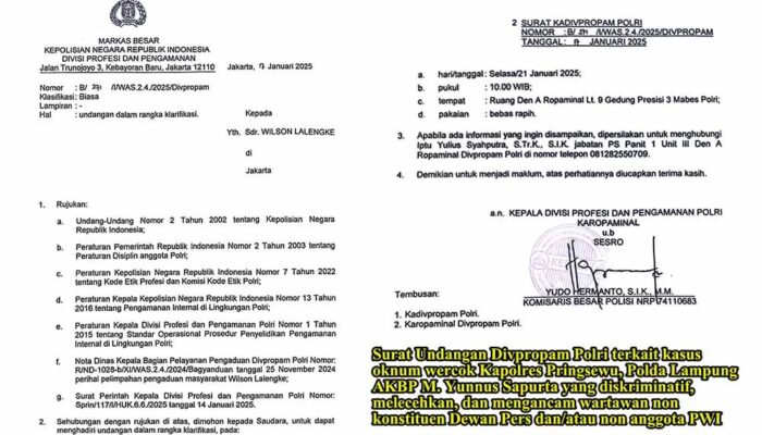 Propam Polri Undang Ketum PPWI Terkait Kapolres Pringsewu yang Ancam dan Lecehkan Wartawan