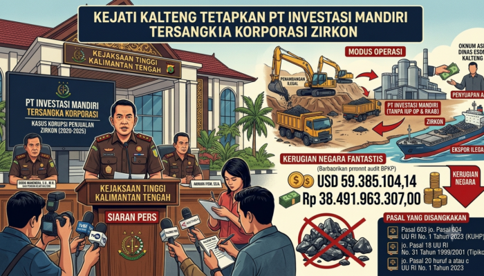 Kejati Kalteng Tetapkan PT Investasi Mandiri Sebagai Tersangka Korporasi Kasus Korupsi Zirkon, Rugikan Negara Ratusan Miliar